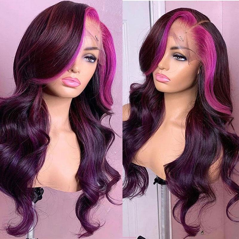 Lace Frontal Glueless Dark Plum Skunk Stripe Straight Wig