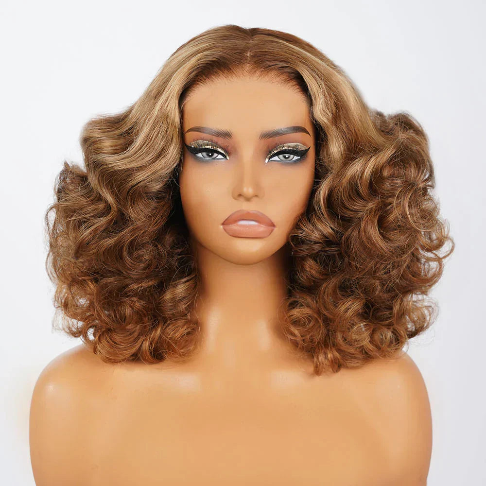 Glueless Honey Blonde Highlights Bouncy Curl Wig