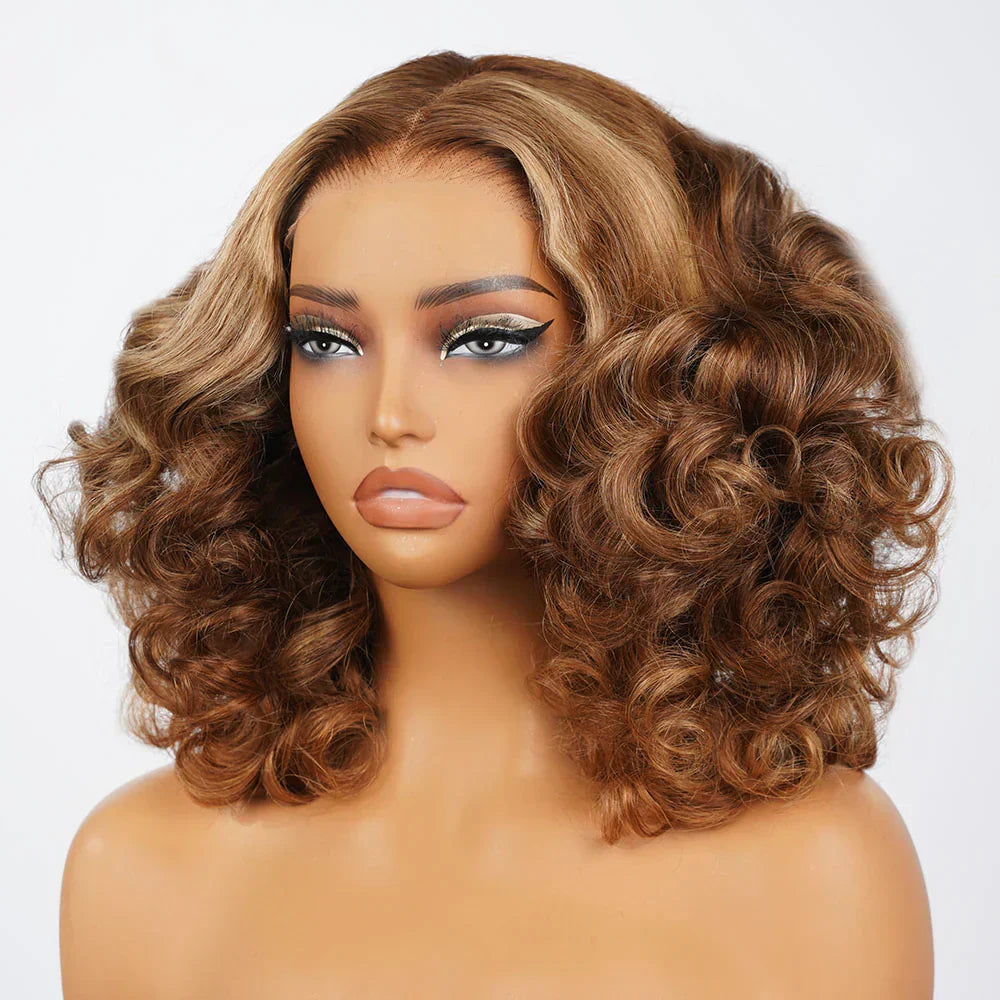 Glueless Honey Blonde Highlights Bouncy Curl Wig