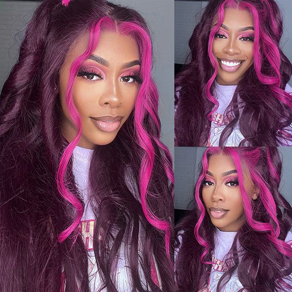 Lace Frontal Glueless Dark Plum Skunk Stripe Straight Wig
