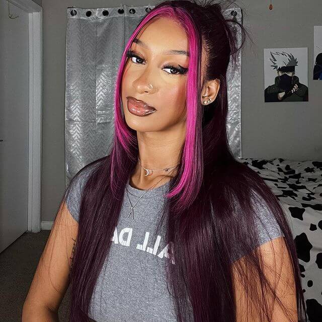 Lace Frontal Glueless Dark Plum Skunk Stripe Straight Wig