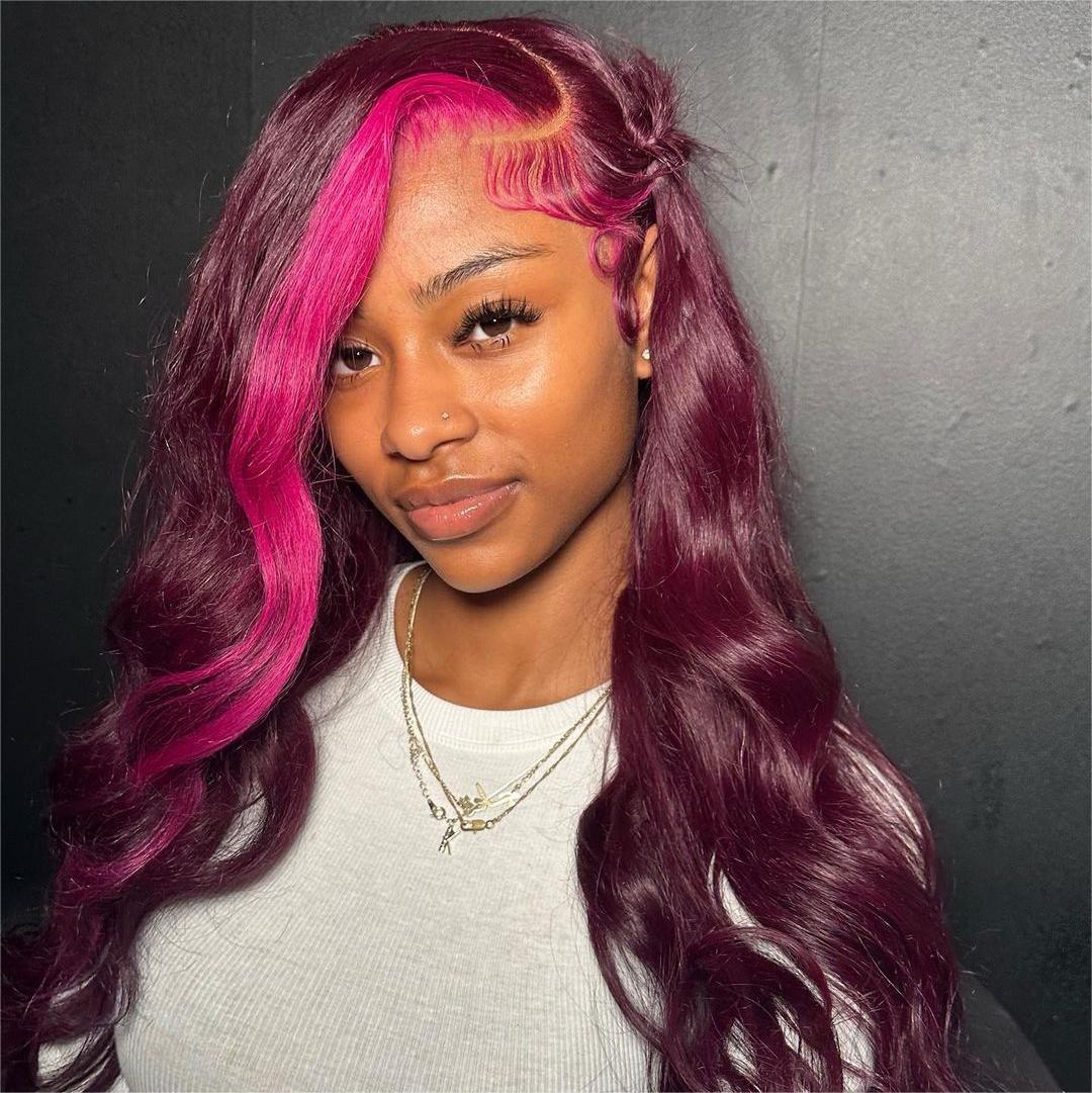 Lace Frontal Glueless Dark Plum Skunk Stripe Straight Wig